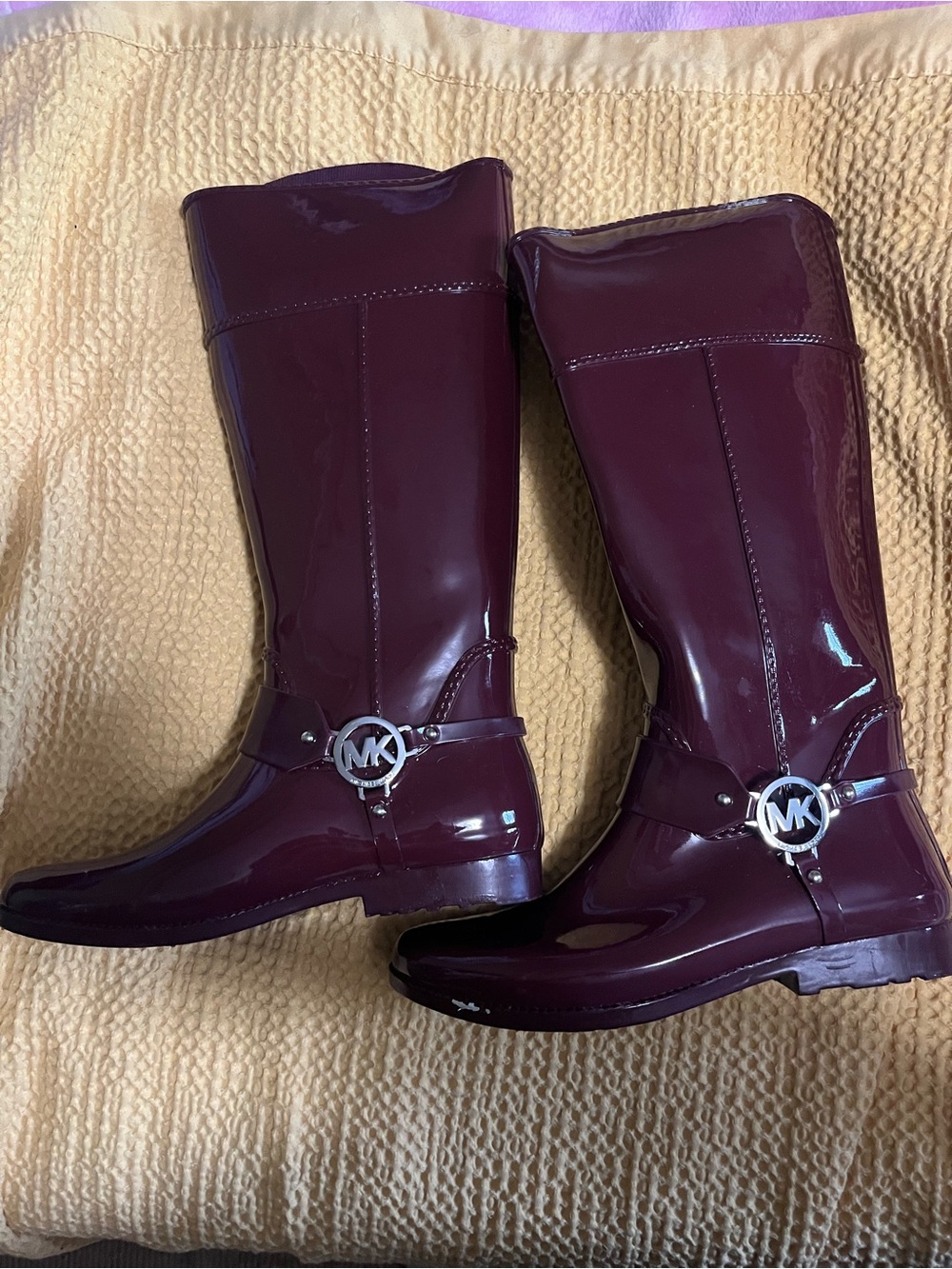 Michael Kors Women's Burgundy Patent Rain Boots with MK Emblem